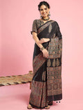 Everyday Ajrakh Printed Saree - Black and Beige - - Laxha Clothing - www.laxhaclothing.com