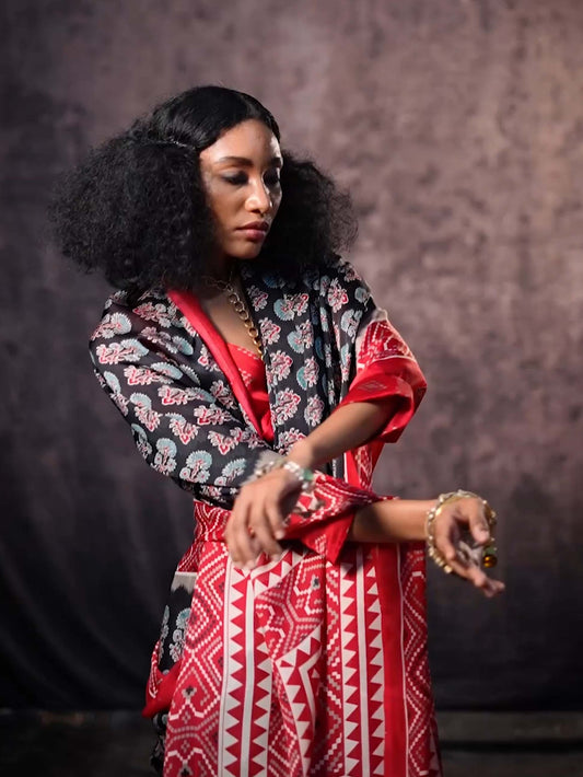 Ajrakh Printed Satin Saree - Red Grey