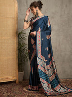 Midnight Blue Gajji Silk Saree with Stylized Leaf Motifs & Traditional