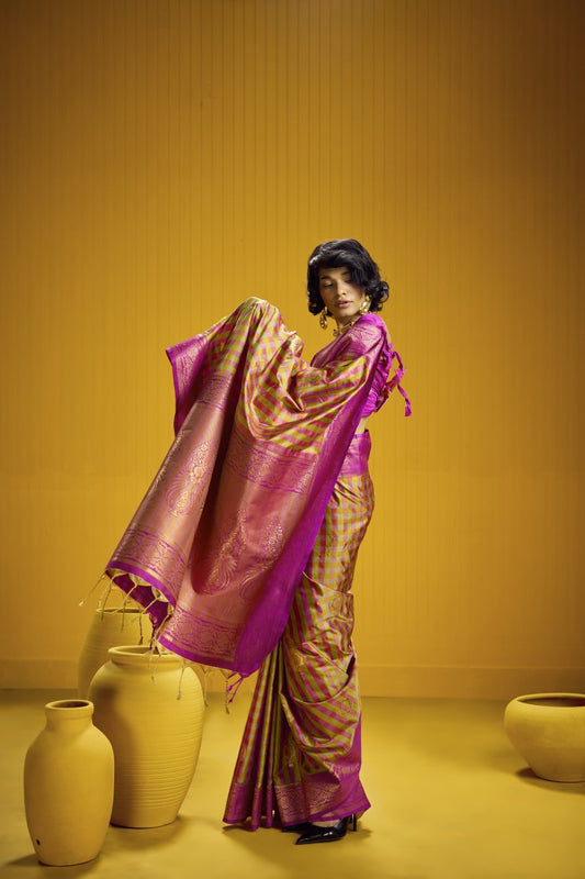 Madras Check Inspired Silk Saree with Mustard gold & magenta pink with a Zari Border