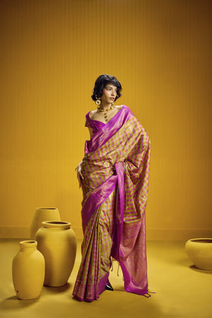 Madras Check Inspired Silk Saree with Mustard gold & magenta pink with a Zari Border