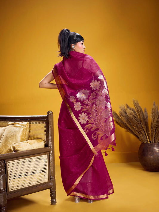 Rani Pink Pure Munga Silk Handloom Jamdani Saree with Gold Zari Floral Pallu