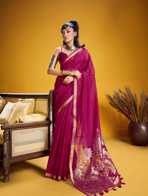 Rani Pink Pure Munga Silk Handloom Saree with Gold Zari Floral Pallu