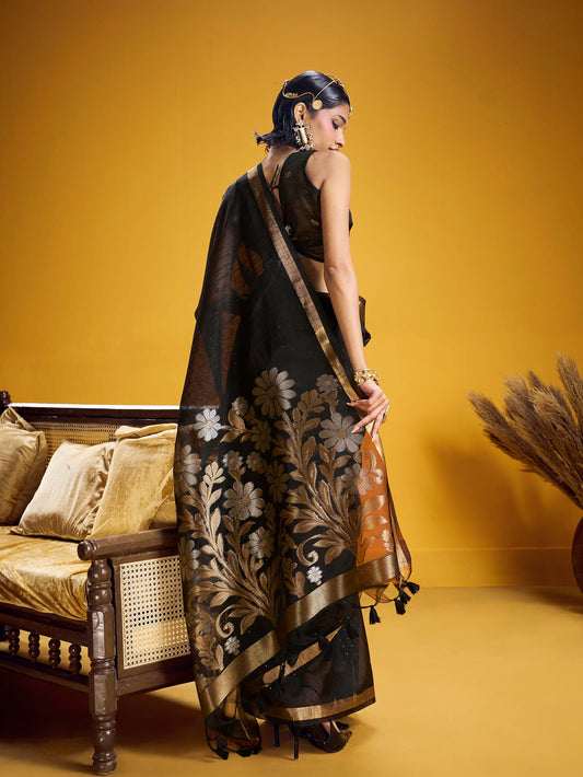 Black Pure Munga Silk Handloom Jamdani Saree with Gold Zari Floral Pallu