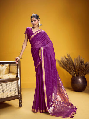 Royal Purple Pure Munga Silk Handloom Saree with Gold Zari Floral Pallu