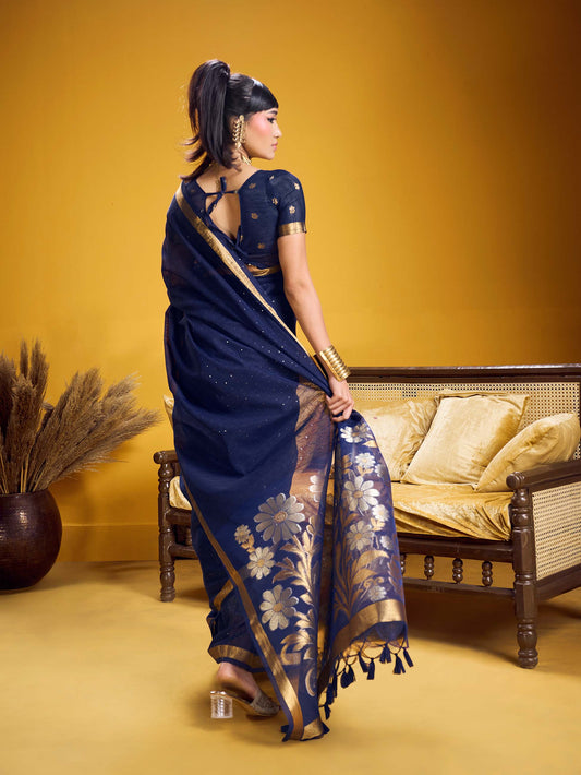 Navy Blue Pure Munga Silk Handloom Jamdani Saree with Gold Zari Floral Pallu