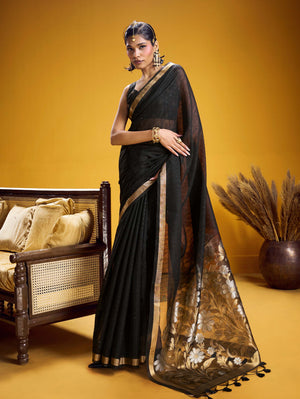 Black Pure Munga Silk Handloom Saree with Gold Zari Floral Pallu