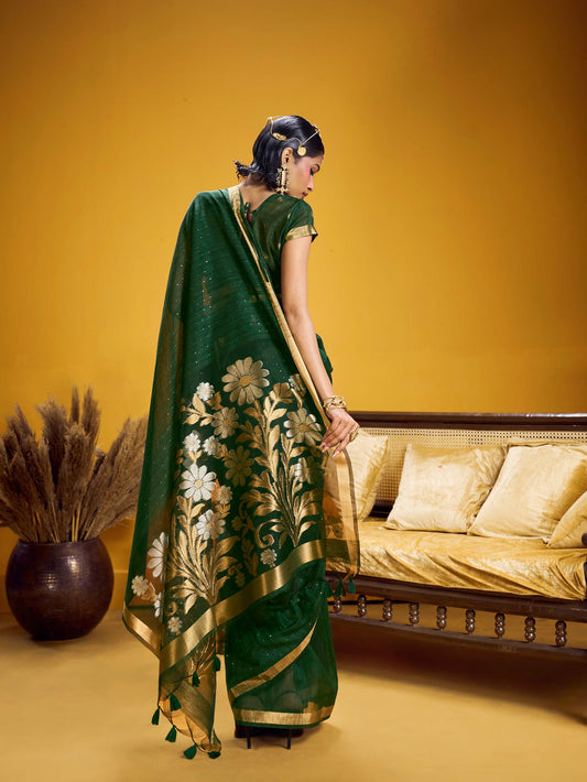 Green Pure Munga Silk Handloom Jamdani Saree with Gold Zari Floral Pallu