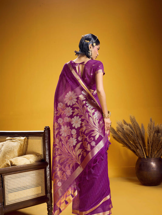 Royal Purple Pure Munga Silk Handloom Jamdani Saree with Gold Zari Floral Pallu