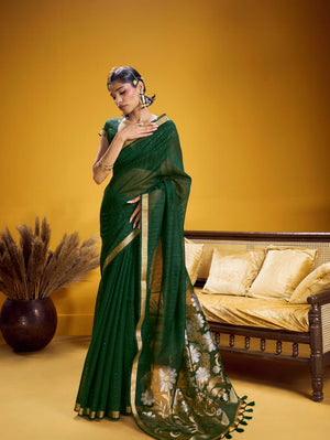 Green Pure Munga Silk Handloom Saree with Gold Zari Floral Pallu