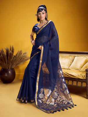 Navy Blue Pure Munga Silk Handloom Saree with Gold Zari Floral Pallu