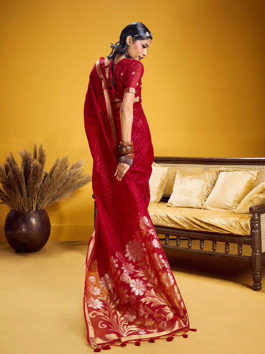 Deep Red Pure Munga Silk Handloom Jamdani Saree with Gold Zari Floral Pallu