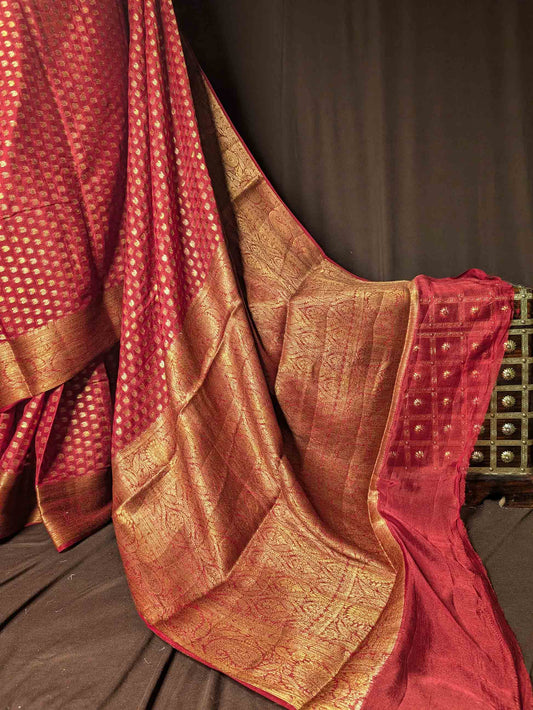 Maroon Pure Khaddi Georgette Banarasi Silk Saree