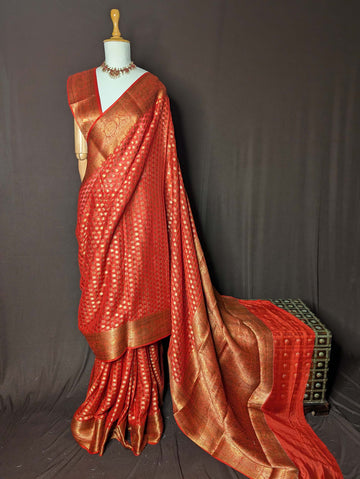 Tomato Red Pure Khaddi Georgette Banarasi Silk Saree