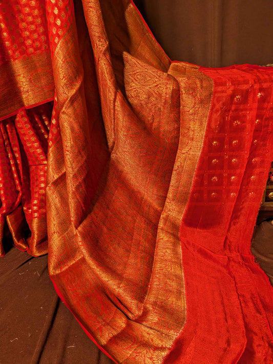 Tomato Red Pure Khaddi Georgette Banarasi Silk Saree