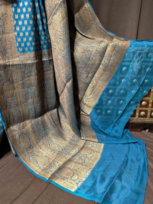 Peacock Blue Pure Khaddi Georgette Banarasi Silk Saree