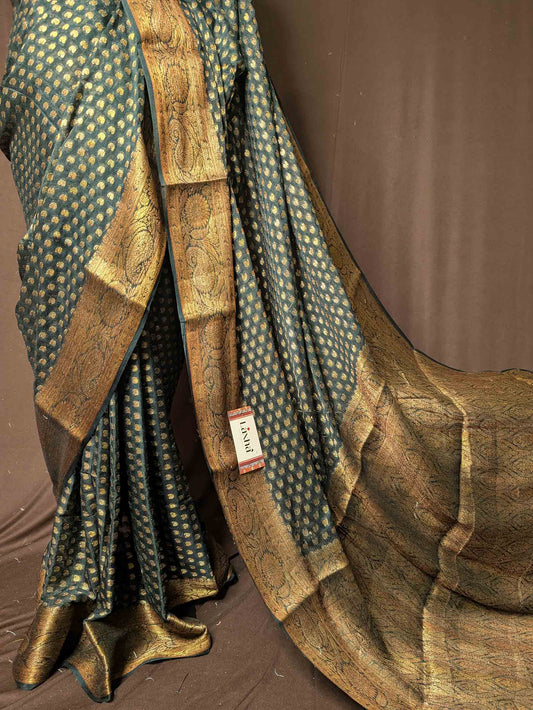 Dark Green Pure Khaddi Georgette Banarasi Silk Saree