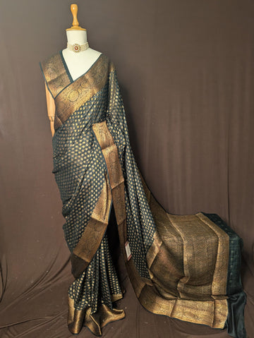 Dark Green Pure Khaddi Georgette Banarasi Silk Saree