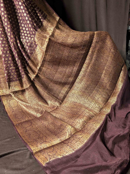 Brown Pure Khaddi Georgette Banarasi Silk Saree