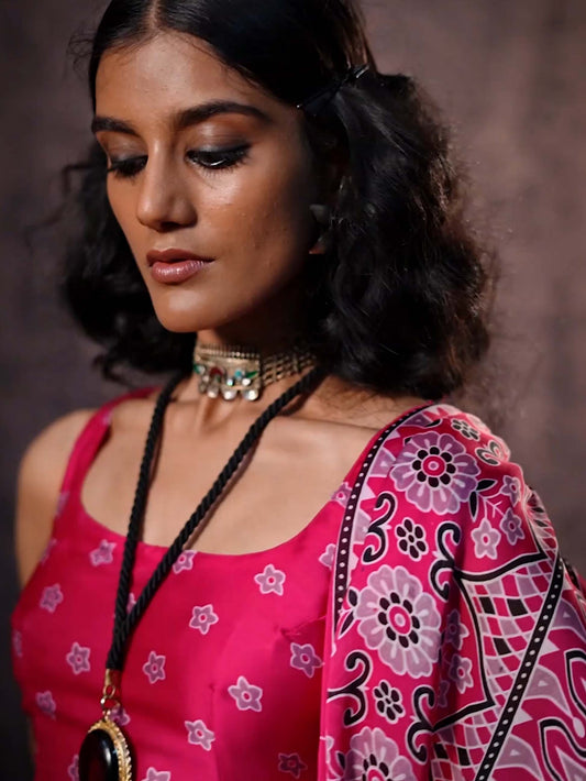 Ajrakh Printed Satin Saree - Rani Pink