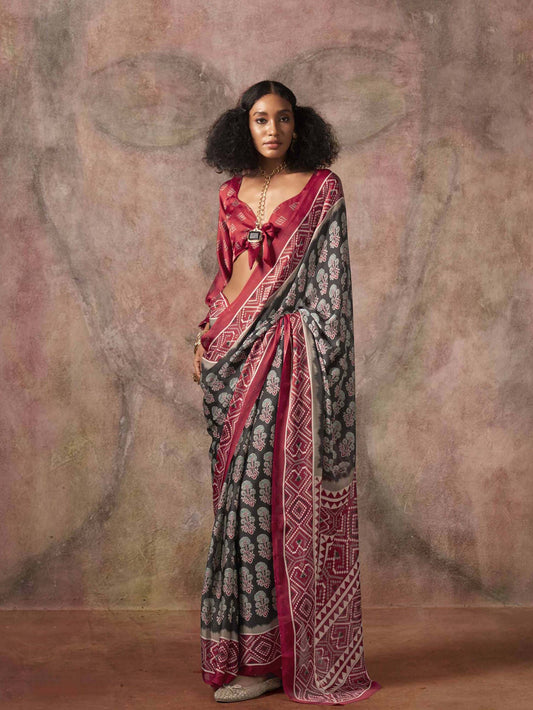 Ajrakh Printed Satin Saree - Red Grey