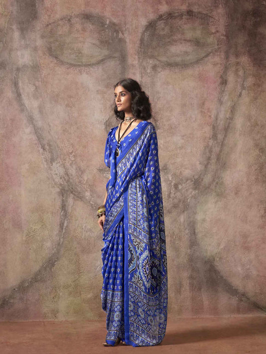 Ajrakh Printed Satin Saree - Royal Blue