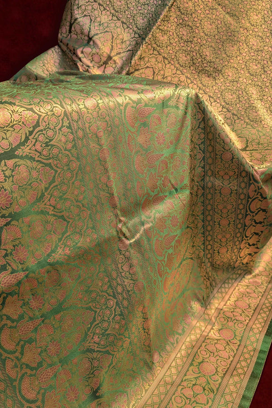 Royal Emerald Green Jamawar Tanchui Banarasi Silk Saree