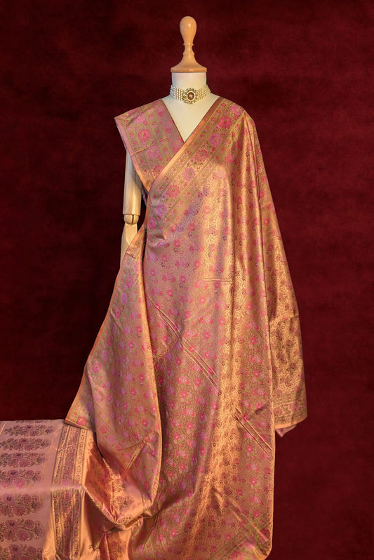 Royalty Blush Pink Jamawar Tanchui Banarasi Silk Saree
