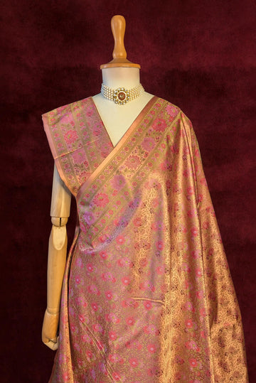 Royalty Blush Pink Jamawar Tanchui Banarasi Silk Saree