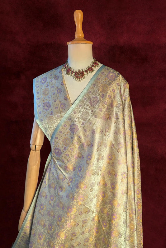 Royalty Icy Mint Green Jamawar Tanchui Banarasi Silk Saree