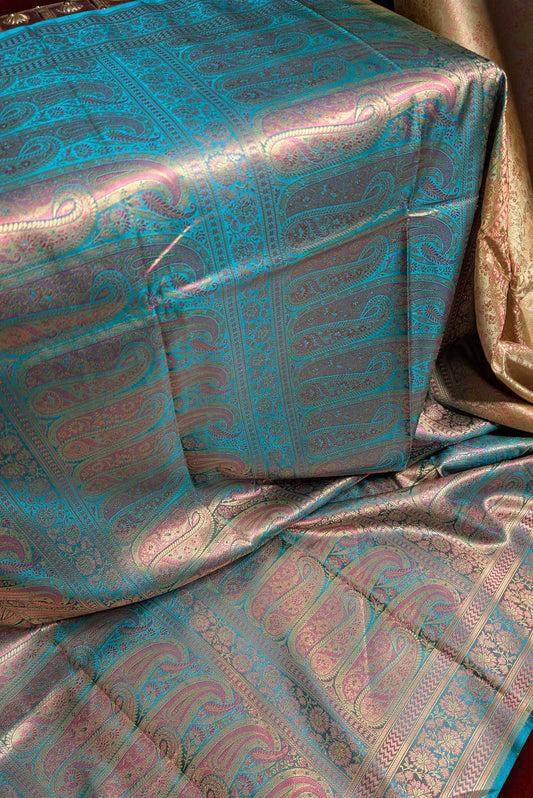 Royalty Mustard Green Jamawar Tanchui Banarasi Silk Saree
