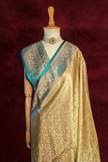 Royalty Mustard Green Jamawar Tanchui Banarasi Silk Saree