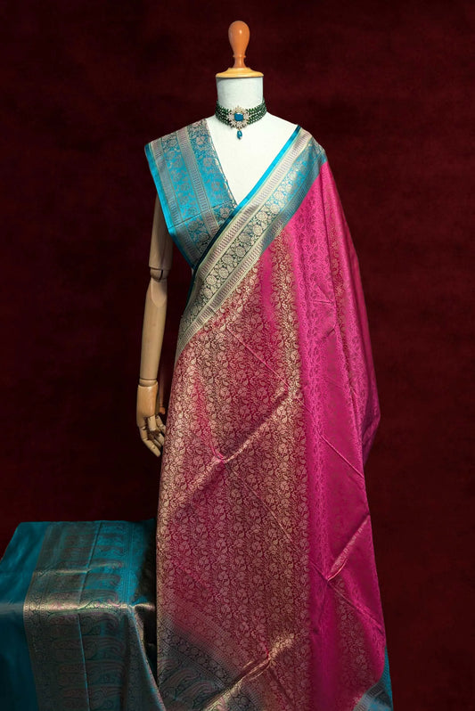 Royalty Rani Pink and Green Jamawar Tanchui Banarasi Silk Saree