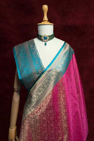 Royalty Rani Pink and Green Jamawar Tanchui Banarasi Silk Saree