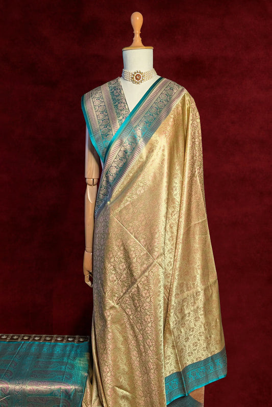 Royalty Mustard Green Jamawar Tanchui Banarasi Silk Saree