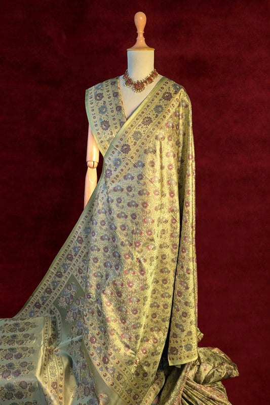 Royalty Pastel Olive Green Jamawar Tanchui Banarasi Silk Saree
