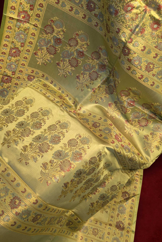 Royalty Pastel Olive Green Jamawar Tanchui Banarasi Silk Saree