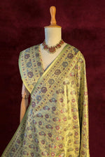 Royalty Pastel Olive Green Jamawar Tanchui Banarasi Silk Saree