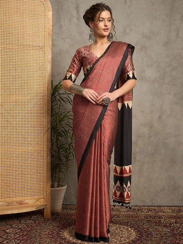 Contemporary Rust & Black Gajji Silk Saree with Tribal-Inspired Border