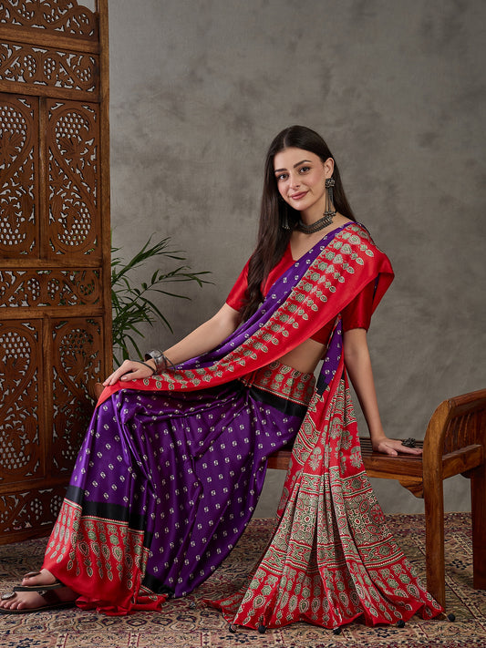Ajrakh Printed Silk Saree - Violet and Red