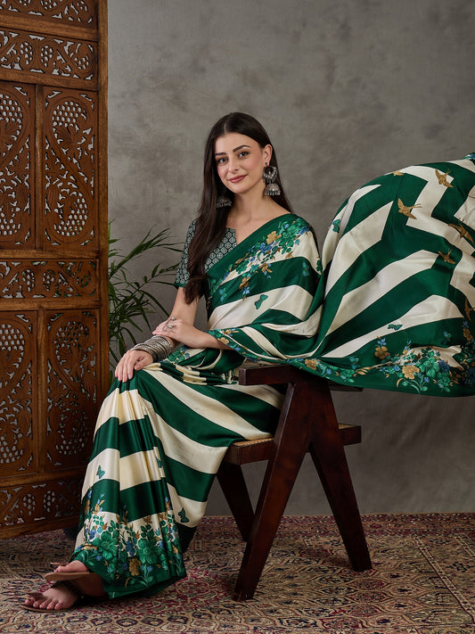 Ajrakh Printed Silk Saree - Forest Green and Cream