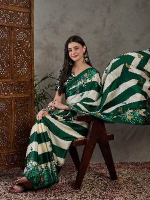 Ajrakh Printed Silk Saree - Forest Green and Cream