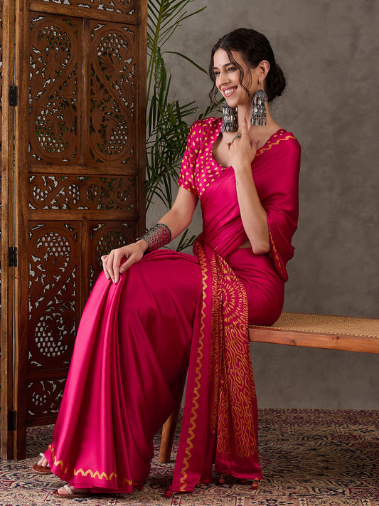 Ajrakh Printed Silk Saree - Rani Pink