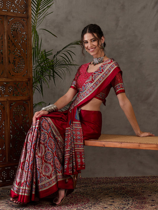 Ajrakh Printed Silk Saree - Red