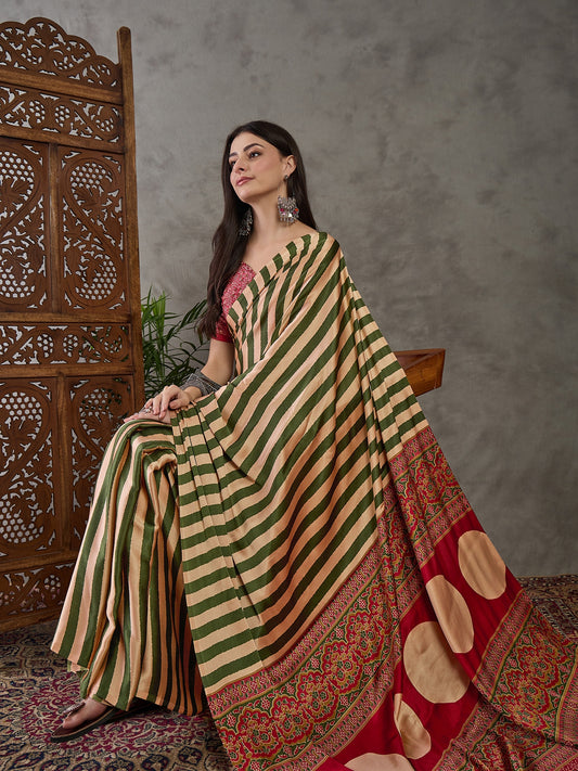 Ajrakh Printed Silk Saree - Olive Green