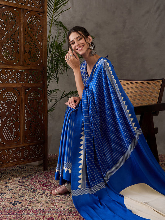 Ajrakh Printed Silk Saree - Blue