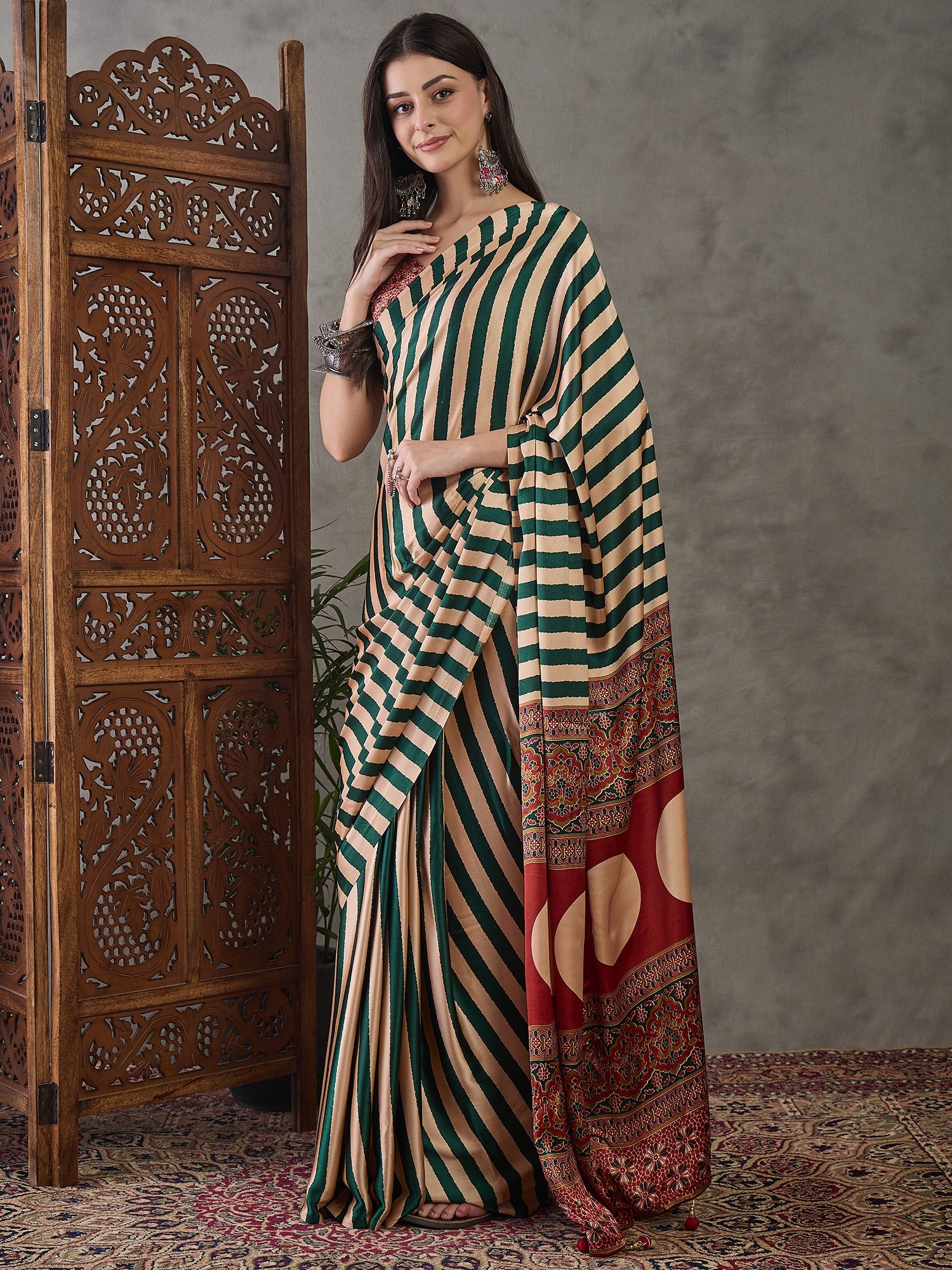 Ajrakh Printed Silk Saree - Forest Green