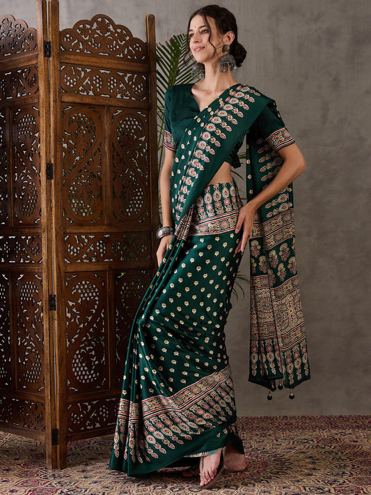 Ajrakh Printed Silk Saree - Green