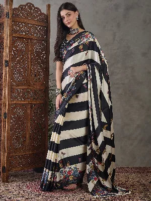 Ajrakh Printed Silk Saree - Black and Cream