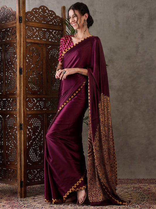 Ajrakh Printed Silk Saree - Maroon